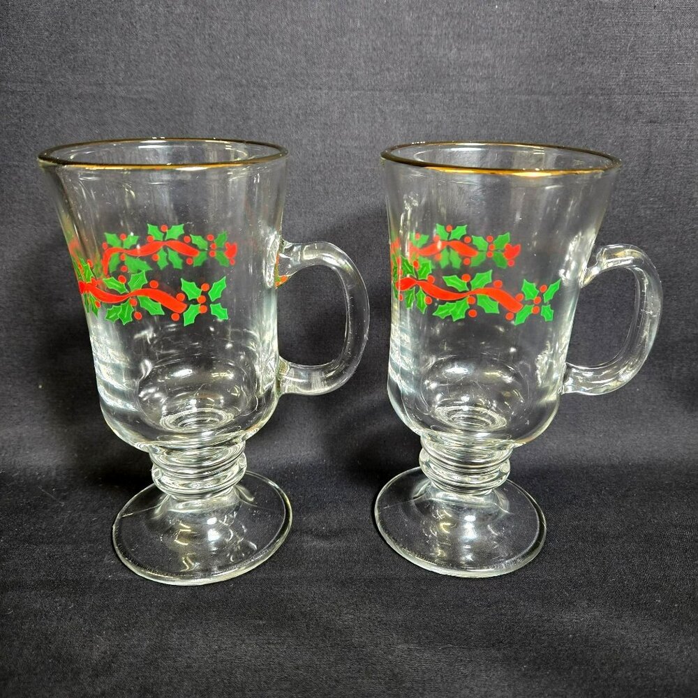 Libbey Christmas Holly Ribbon Irish Coffee Mugs Gold Rim Pedestal Set of 2 6in